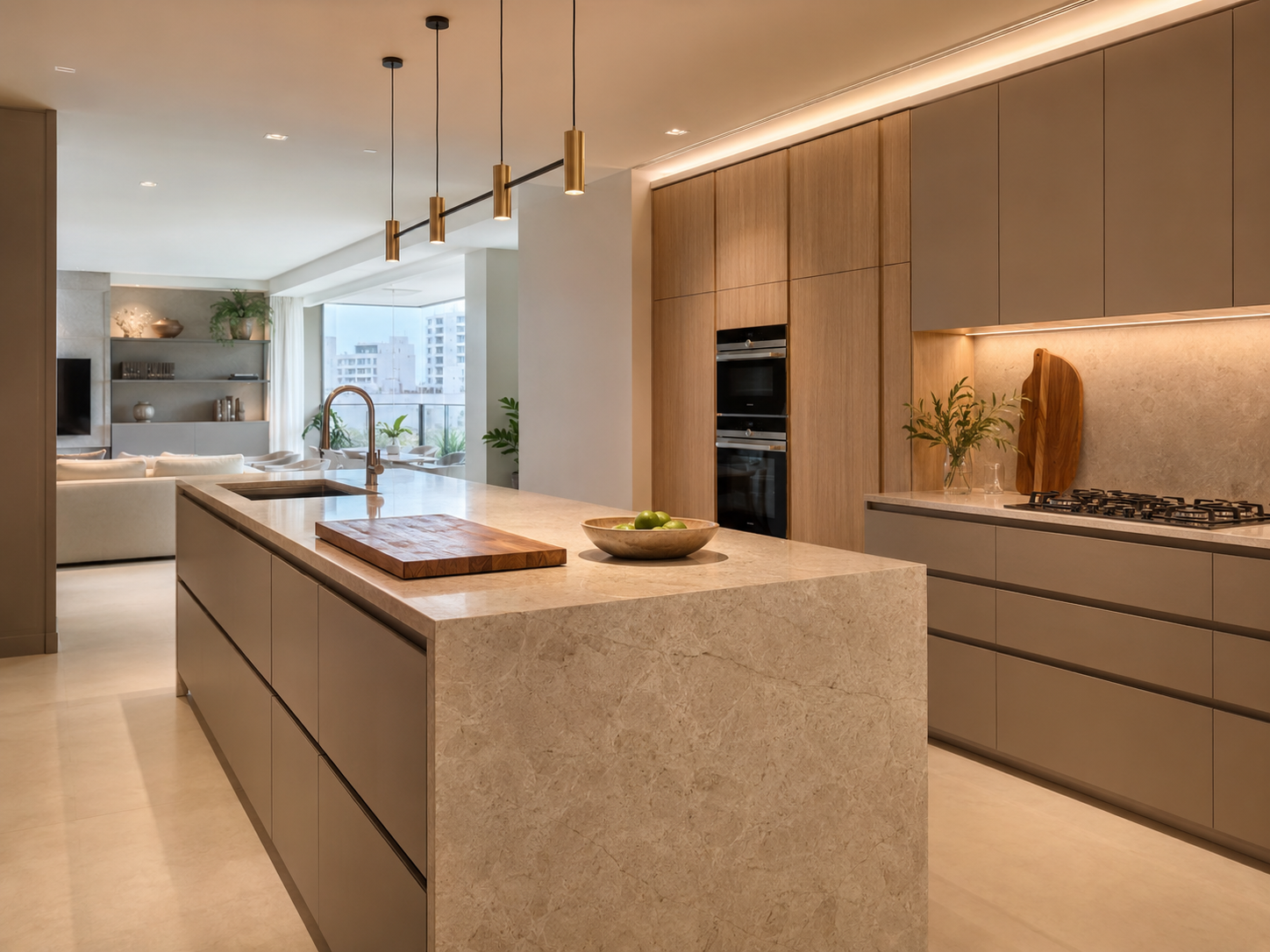 Cozinha contemporânea com ilha em pedra natural