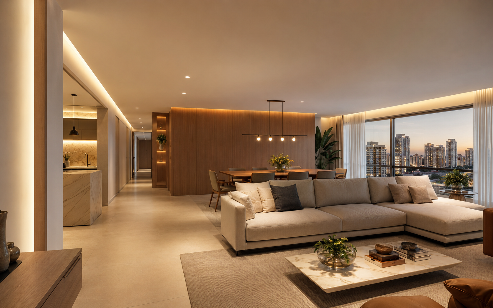 Sala de apartamento reformada com acabamento contemporâneo